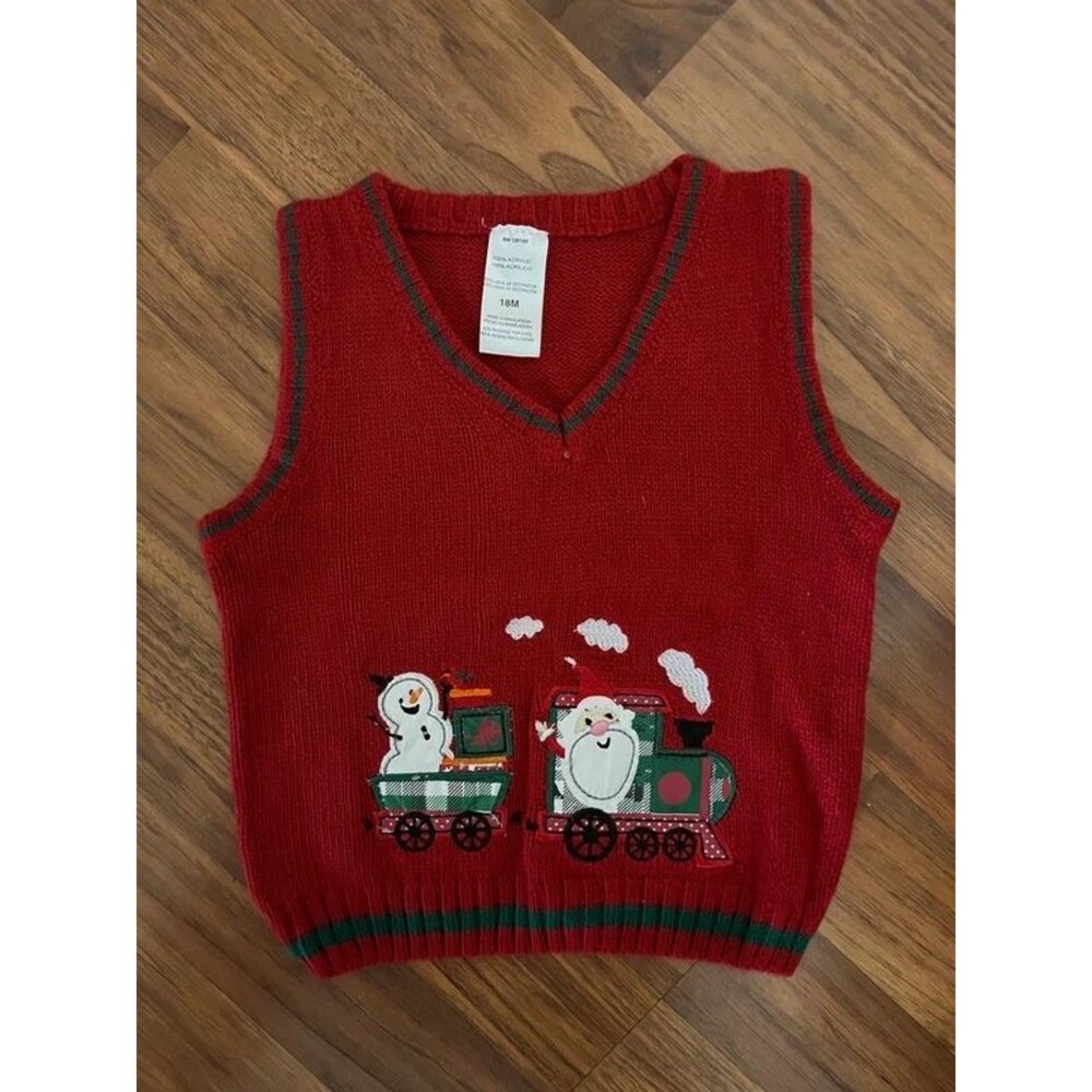 Red Knit V-Neck Sweater Vest Christmas Train Santa Snowman 18M